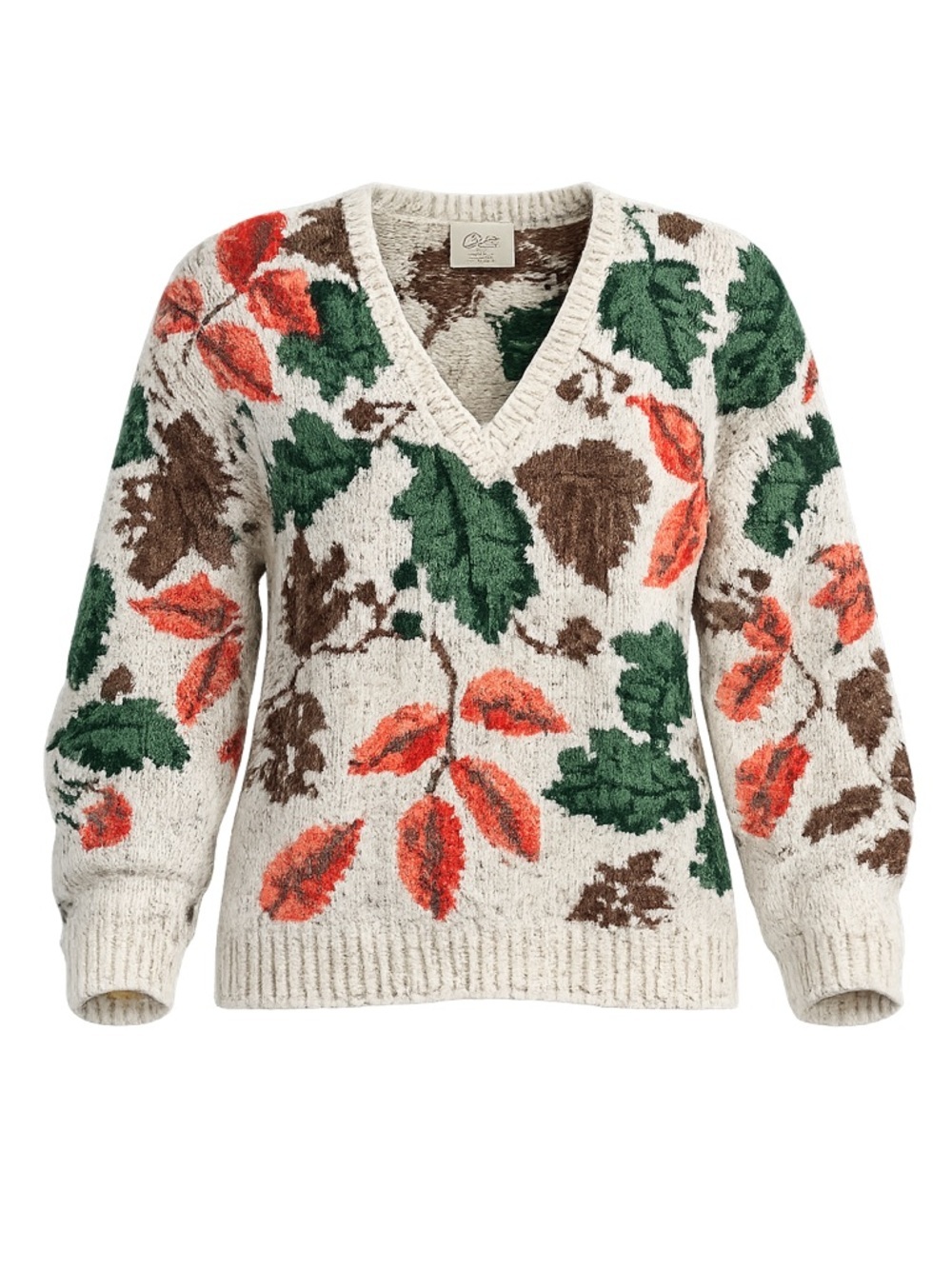Vintage 90s autumn leaves Oversize Sweater Vneck Womens Medium